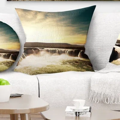 Design Art Dramatic Iceland Waterfalls - Sea & Shore Printed Pillow In White
