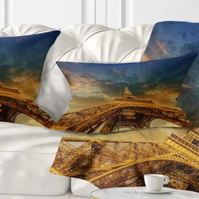 Design Art Dramatic Sky Above Paris Paris Eiffel Towerin Paris Cityscape Pillow In Blue