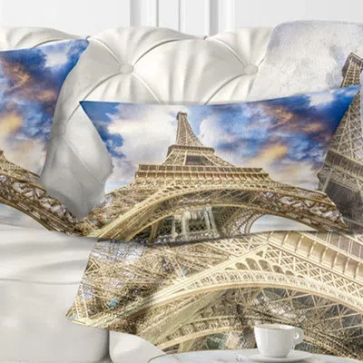 Design Art Dramatic Sky Over Ground View Of Paris Paris Eiffel Tower Cityscape Pillow In Blue