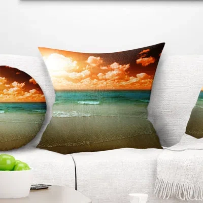 Design Art Dramatic Sky Over Tropical Sea Beach - Sea & Shore Printed Throw Pillow In Blue