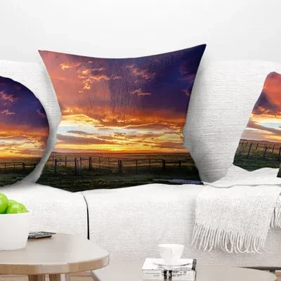 Design Art Dramatic Sunset Over Prairie - Landscape Printed Pillow In Purple