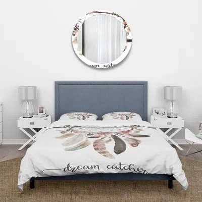 Design Art Dream Catcher With Ethnic Feathers - Bohemian & Eclectic Duvet Cover Set - Microfiber Polyester In Brown;white
