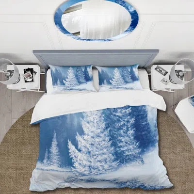 Design Art Dreamlike Spruce Forest With Snow Covered Trees - Lake House Duvet Cover Set - Microfiber Polyester In Blue,white