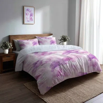 Design Art Dreamy Bedding Set 3 Pcs - Sky Rosy Cloud Duvet Cover And Cushion Set In White;purple