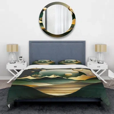 Design Art Dreamy Golden Mountain Iii - Abstract Marble Duvet Cover Set - Microfiber Polyester In Green;yellow