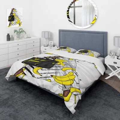 Design Art Dress With Banana Print With Black Bag - Modern Duvet Cover Set - Microfiber Polyester In White,yellow