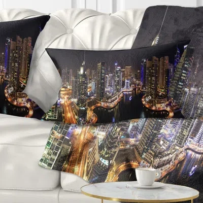 Design Art Dubai Marina View At Night - Cityscape Printed Throw Pillow