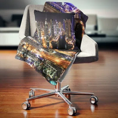 Design Art Dubai Marina View At Night - Cityscape Printed Throw Pillow In Multi-color