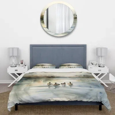 Design Art Ducks In Pond Ii Microfiber / Polyester Duvet Cover Setmicrofiber / Polyester Duvet Cover Set In White;gray