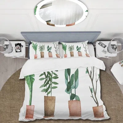 Design Art Duo Of Potted Flowers House Plants - Farmhouse Duvet Cover Set - Microfiber Polyester In Green,brown,gray