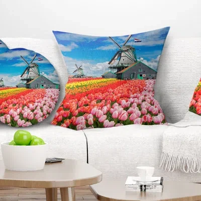 Design Art Dutch Windmills And Garden - Abstract Printed Pillow In Blue;black;brown;green;red;yellow