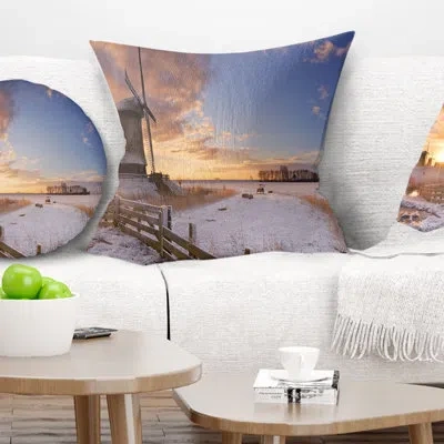 Design Art Dutch Windmills At Sunrise - Abstract Printed Pillow In Blue;black;brown;green;red;yellow