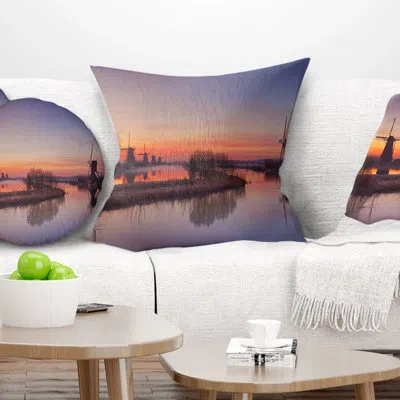 Design Art Dutch Windmills Panorama - Abstract Printed Pillow In Blue;black;brown;green;red;yellow