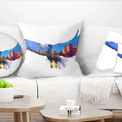 Design Art Eagle Double Exposure - Animal Printed Pillow In Blue