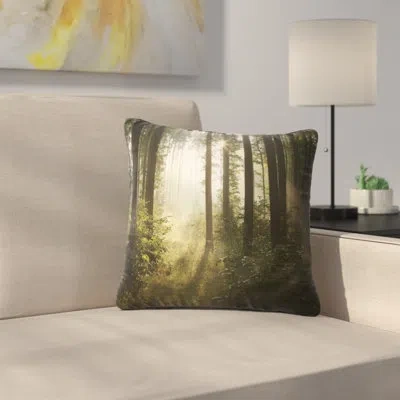 Design Art Early Morning Sun In Misty Forest Landscape Photography Pillow In Green