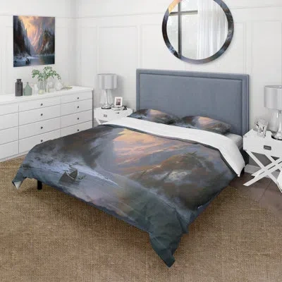 Design Art Early Morning View Of Lake And Mountains - Mountains Lake Duvet Cover Set - Microfiber Polyester In White;green