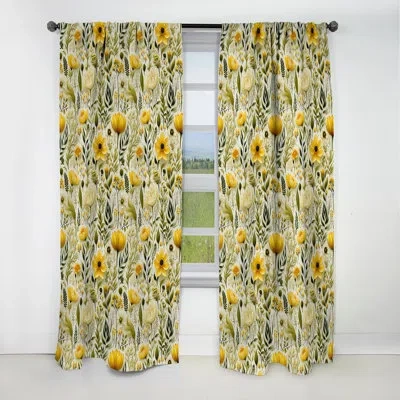 Design Art Earthy Greens Accents I - Floral Curtain - Blackout Floral Curtain - 1 Panels In White;green