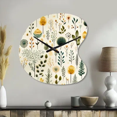 Design Art Earthy Zen Garden - Plants Asymmetrical Metal Clocks, Green Irregular Shape Metal Wall Clock Print In Green;yellow