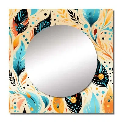Design Art Eclectic Boho Feather - Bohemian & Eclectic Large Square Mirror For Wall Art Decor In Green;orange
