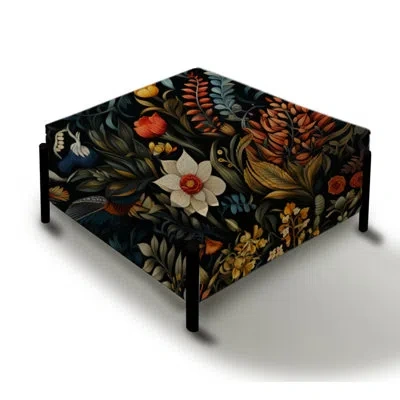 Design Art Eclectic Flowers Dark Color Extravaganza - Eclectic Large Square Ottoman In Yellow;orange