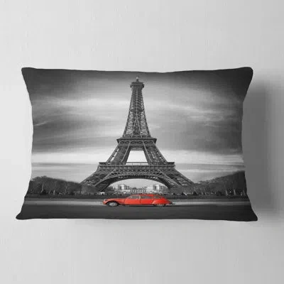 Design Art Eiffel And Old Red Car - Landscape Printed Throw Pillow In Black;white