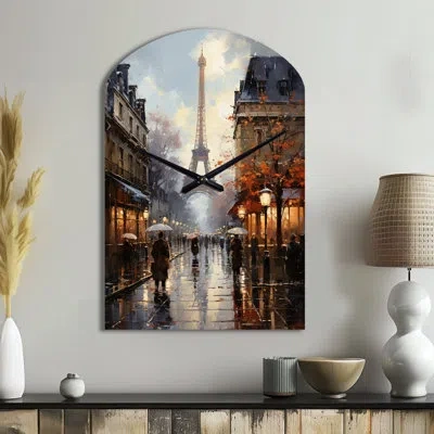 Design Art Eiffel Paris In 19 Century - Paris Asymmetrical Metal Wall Clock, Traditional Arch Wall Clock Print In Beige