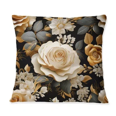 Design Art Elegant Beige Rose Harmony - Floral Printed Throw Pillow In Black;beige