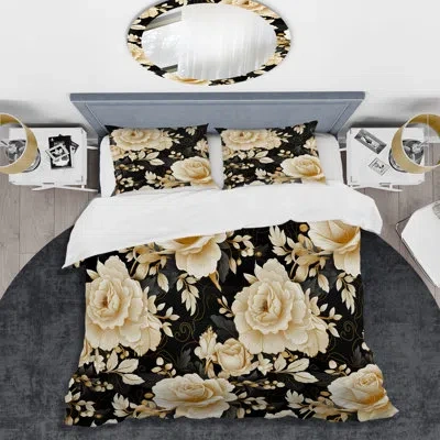Design Art Elegant Beige Rose Harmony I Duvet Cover Set In Black;beige