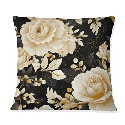 Design Art Elegant Beige Rose Harmony I - Floral Printed Throw Pillow In Black;beige