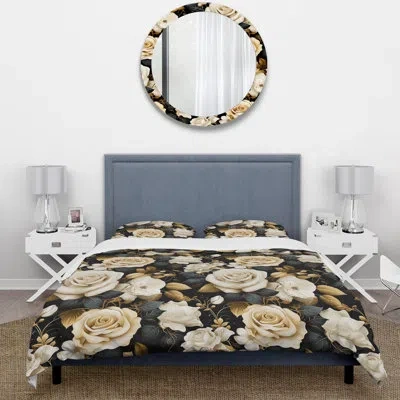 Design Art Elegant Beige Rose Harmony Ii Bedding In Black;beige