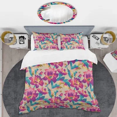 Design Art Elegant Blossom Hand Drawn Folk Mid-century Duvet Cover Set In Pink,teal,biege