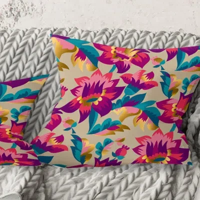 Design Art Elegant Blossom Hand Drawn Folk Pattern - Mid-century Modern Printed Throw Pillow In Blue;white;green;red;yellow;pink