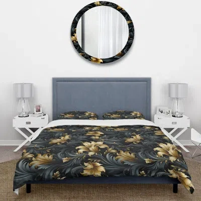 Design Art Elegant Ebony And Beige Flowers Pattern I Duvet Cover Set In Black;gold