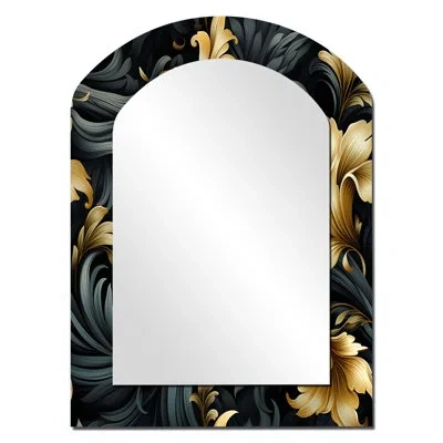Design Art Elegant Ebony And Beige Flowers Pattern - Paisley Arch Wall Mirror, Black Asymmetrical Decorative Mi In Gold;black