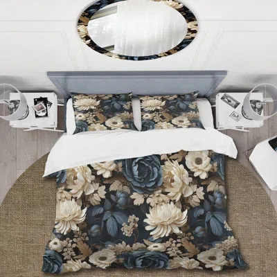 Design Art Elegant White And Blue Floral Gardens - Floral Duvet Cover Set In Blue;beige