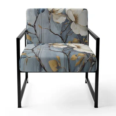 Design Art Elegant White And Blue Magnolias Tranquility - Upholstered Floral Accent Side Chair In Black