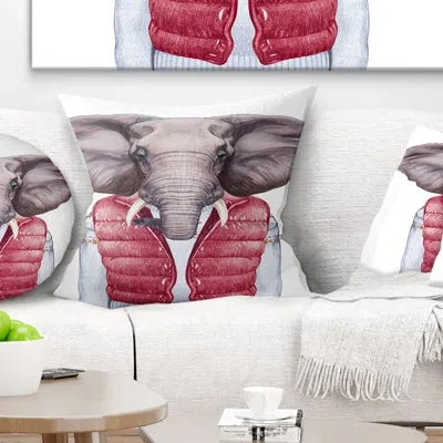 Design Art Elephant In Vest And Sweater - Animal Printed Pillow In White;red