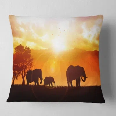 Design Art Elephants Walking At Sunset - Animal Printed Pillow In Black