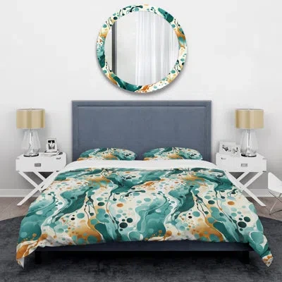 Design Art Emerald And Cream Ink Splash Duvet Cover Set In Green;cream