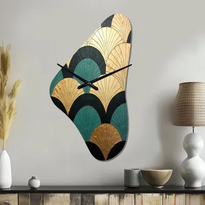 Design Art Emerald And Golden Arches - Abstract Shapes Asymmetrical Metal Wall Clock, Gold Irregular Shape Cloc In Black;gold