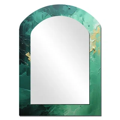 Design Art Emerald Euphoria I - Landscapes Arch Wall Mirror, Green Asymmetrical Decorative Mirror, Printed Meta In Green;yellow