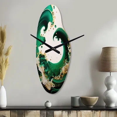 Design Art Emerald Green And Gold Abstract Waves I - Abstract Spirals Curved Metal Wall Clocks, Green Asymmetri In Green;gold