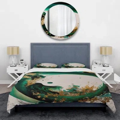 Design Art Emerald Green And Gold Abstract Waves Ii Beddingmicrofiber / Polyester Duvet Cover Set In Green;gold