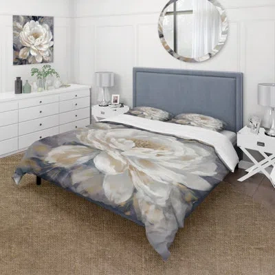 Design Art Emotions Of White Gold Peony Flower I Beddingmicrofiber / Polyester Duvet Cover Set In White;gold