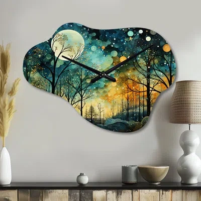 Design Art Enchanted Forest - Abstract Collages Asymmetrical Metal Clock, Teal Cloud Metal Clock Print