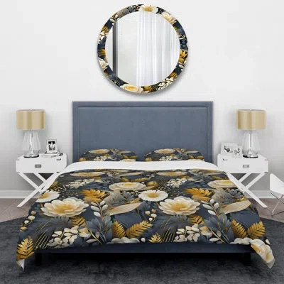 Design Art Enchanted Gardens Gold And Grey Pattern Duvet Cover Set In Black;beige