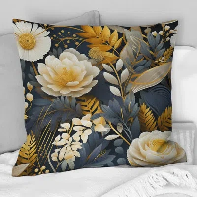 Design Art Enchanted Gardens Gold And Grey Pattern - Floral Printed Throw Pillow In Blue;yellow;ivory