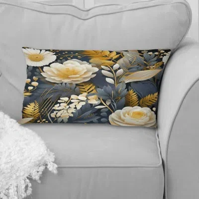 Design Art Enchanted Gardens Gold And Grey Pattern - Floral Printed Throw Pillow In White