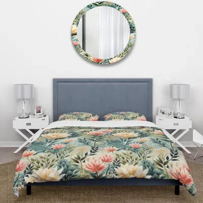 Design Art Enchanted Lotus Gardens Botanical Pattern I Duvet Cover Set In Green;beige;pink