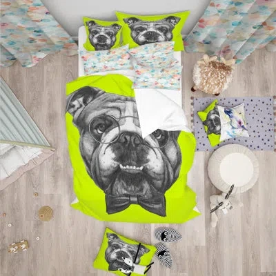 Design Art English Bulldog With Bow Tie - Animal Duvet Cover Set - Microfiber Polyester In Gray
